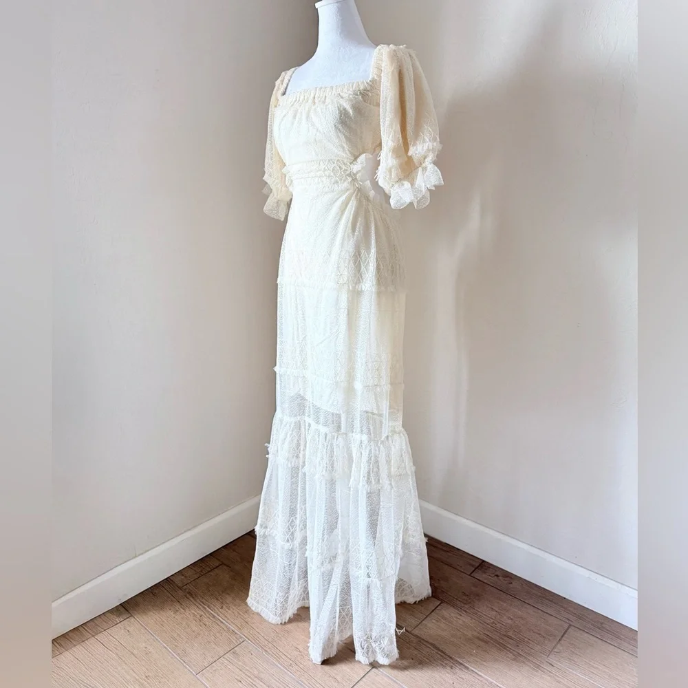 NWT Skylar Rose Off The Shoulder Open Back Boho Tiered Lace Maxi Dress Cream M - Picture 6 of 15